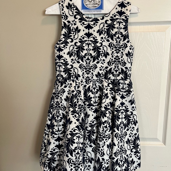 Knit Works Girls 14 Skater Dress Navy Blue Flocked Floral Stretch Ruffle Lined - Picture 2 of 6